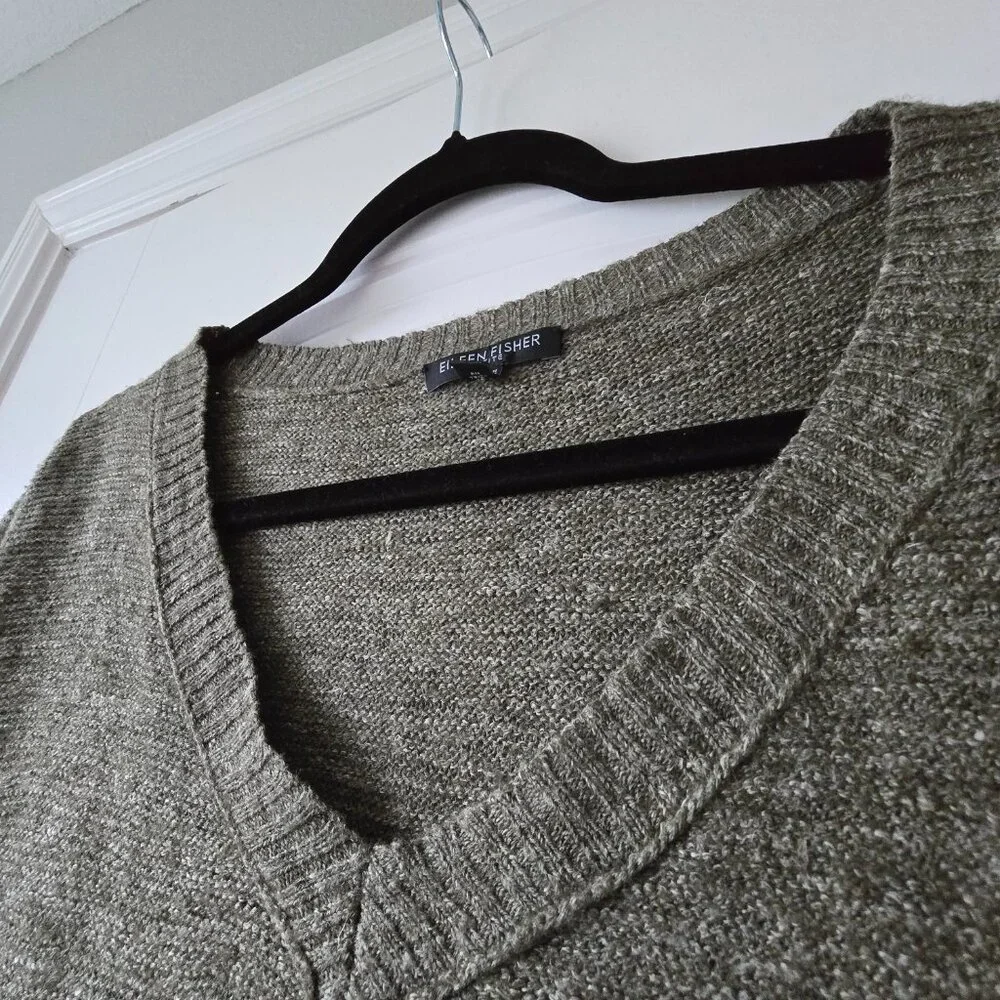Eileen Fisher Petite Olive V-Neck Sweater Wool Linen Silk Relaxed Fit PL - Picture 11 of 14